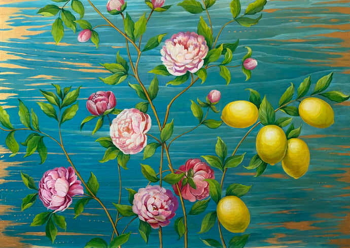 Flowers and Lemons on Blue - Nataliya Tokar Art